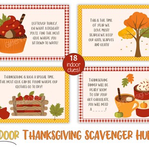 Pu&ograve; includere: Un set di 18 carte di caccia al tesoro di Ringraziamento stampabili con illustrazioni e indizi a tema autunnale. Le carte presentano un cupcake, un'asciugatrice, un albero, una tazza di cioccolata calda e una zucca. Il testo sulle carte recita "Tacchino avanzato. Oh, che delizia! Troverai il prossimo indizio dove ti siedi per scrivere!" "Il Ringraziamento &egrave; un momento cos&igrave; speciale. Il prossimo indizio si trova dove i nostri vestiti si asciugano!" "Questo &egrave; il periodo dell'anno che amiamo di pi&ugrave;! Cerchiamo i nostri cappelli, sciarpe e cappotti!" "La cena di Ringraziamento sar&agrave; pronta a breve! Per mescolare la tua cioccolata calda, avrai bisogno di un..." e "Caccia al tesoro di Ringraziamento al chiuso".
