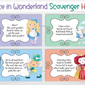 May include: Four colorful cards with Alice in Wonderland characters and quotes. The cards are purple, green, blue, and orange. The characters are Alice, the White Rabbit, the Mad Hatter, and the Queen of Hearts. The quotes are from the book Alice in Wonderland. The cards are for a scavenger hunt.