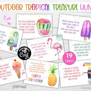 Pistas de búsqueda del tesoro de verano con flamencos y tucán para imprimir, pistas de búsqueda del tesoro tropical de piña y sandía para niños, juegos de fiesta de cumpleaños al aire libre