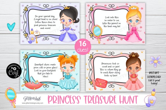 Baby Princess Treasure Hunt Princess Party Scavenger Hunt Clue Cards Princess Birthday Treasure Hunt Clues Princess Party Games By Glitter Ink Designs Catch My Party