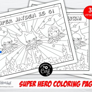 Super hero party personalized coloring pages / Flying super heroes colouring activity for kids / Superheroes birthday printable Corjl edit