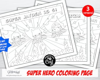 Super hero party personalized coloring pages / Flying super heroes colouring activity for kids / Superheroes birthday printable Corjl edit