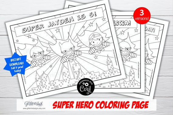 Super hero party personalized coloring pages / Flying super heroes colouring activity for kids / Superheroes birthday printable Corjl edit Il_570xn