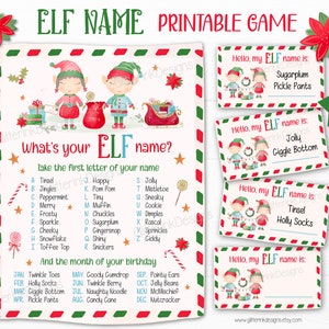 Qual è il tuo nome elfo stampabile giochi di Natale per bambini, cartello elfi, targhette e carte gioco per feste in famiglia download digitale immediato