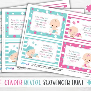 Gender reveal scavenger hunt clue cards for baby shower party games, Teal and pink printable treasure hunt clues image 4