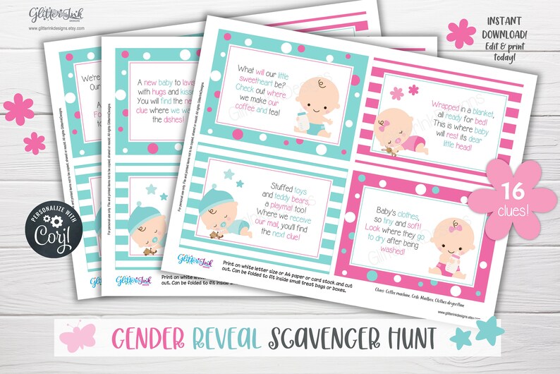 Gender reveal scavenger hunt clue cards for baby shower party games, Teal and pink printable treasure hunt clues image 4