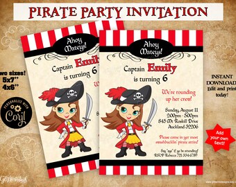 Girl Pirate party printable invitation / Pirate birthday invitation / Pirate princess editable invite light brown hair green eyes download