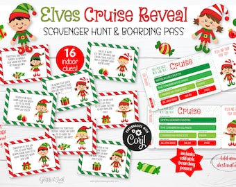 Christmas elves cruise surprise trip reveal scavenger hunt & boarding pass / Elf treasure hunt clues + printable tickets family vacation