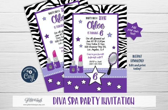 Diva party editable invitation / Spa Party invitation purple zebra print / Glam girl makeup party / Sweet 16 sleepover Il_570xn
