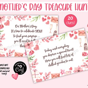 Cartões de dicas de caça ao tesouro do Dia das Mães / Dicas de caça ao tesouro do Feliz Dia das Mães / Jogos do Dia das Mães para a Mãe