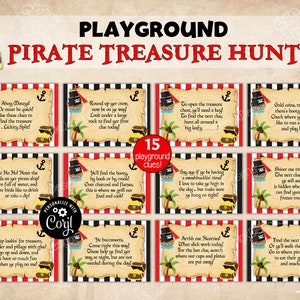 Cartões de pistas de caça ao tesouro pirata para festa de aniversário de crianças no parque, jogo de caça ao tesouro pirata para impressão ao ar livre com pistas editáveis
