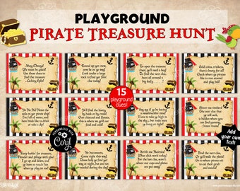 Playground Pirate scavenger hunt clue cards for kids birthday party in park, Printable pirate treasure hunt outdoor game with editable clues