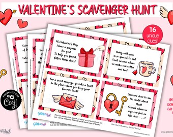 Valentines Day scavenger hunt clue cards / Valentine's Day treasure hunt clues / Valentine scavenger hunt / Valentines party games