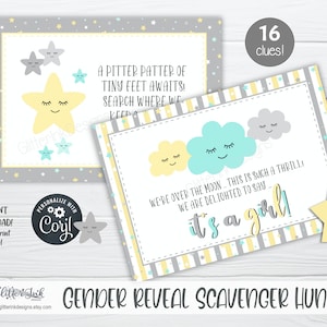 Gender reveal scavenger hunt clue cards for baby shower party games, Neutral nursery printable treasure hunt clues image 3
