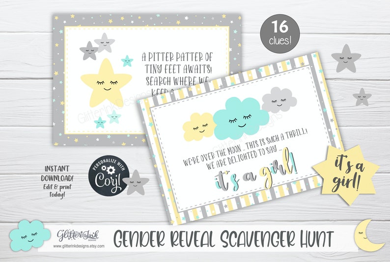 Gender reveal scavenger hunt clue cards for baby shower party games, Neutral nursery printable treasure hunt clues image 3