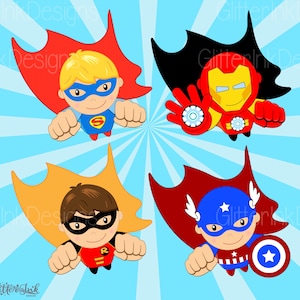 May include: Four cartoon superheroes flying in a blue sky with a yellow sunburst pattern. The superheroes are Superman, Iron Man, Robin, and Captain America. Each superhero is wearing their signature costume and has a unique expression on their face.