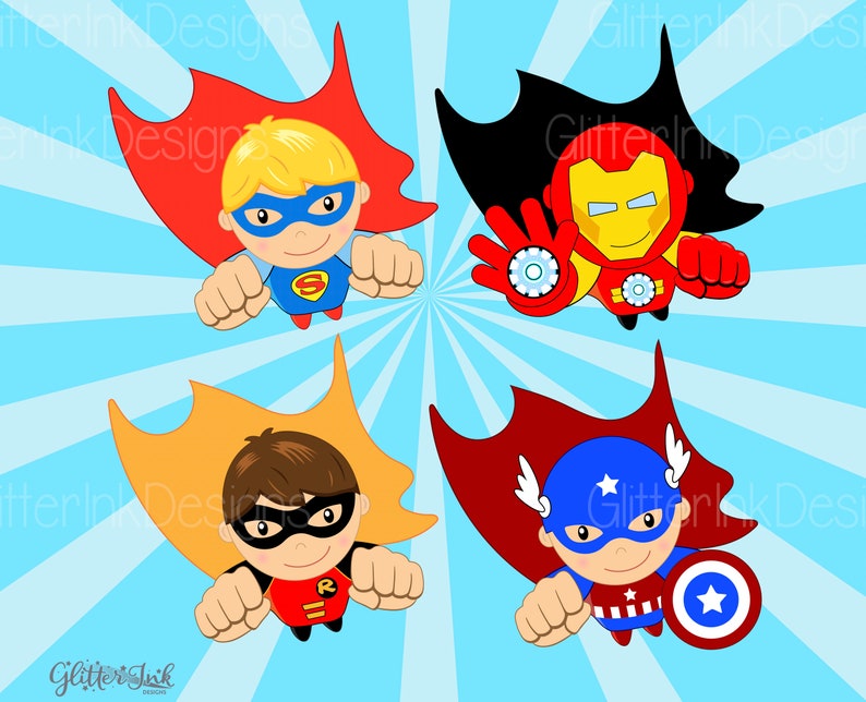 Superhero clipart / flying superheroes clipart / Super boy clipart and digital papers / super hero party decor image 6