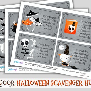 May include: A set of 14 printable Halloween scavenger hunt cards with cute illustrations and rhyming clues. The cards are gray with black and orange accents. The text on the cards reads "Indoor Halloween Scavenger Hunt".