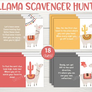 Cartões de dicas para caça ao tesouro de lhamas / Dicas para caça ao tesouro de festa de lhamas para crianças / Jogo de festa de aniversário de lhamas para impressão - atividade interna e externa