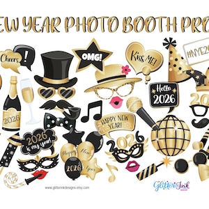Props voor fotohokje oudejaarsavond 2026, afdrukbare nieuwjaarsfeestdecoraties, zwart-gouden selfieborden en decor voor familieplezier