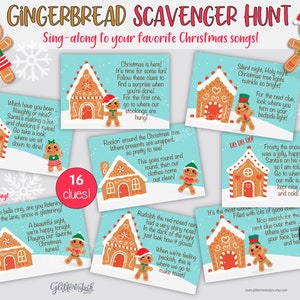Gingerbread Christmas scavenger hunt clue cards, Printable treasure hunt clues for kids and family party games image 2