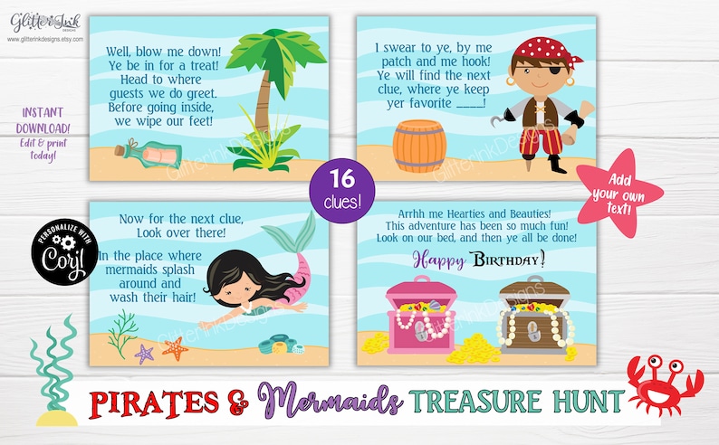 Mermaid and pirate treasure hunt / Mermaid party scavenger hunt clue cards / Pirate party treasure chest hunt clues / Party games for kids image 8