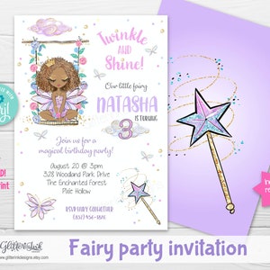 May include: A purple and gold fairy party invitation with a cartoon fairy sitting on a swing. The invitation says "Twinkle and Shine! Our little fairy Natasha is turning 3".