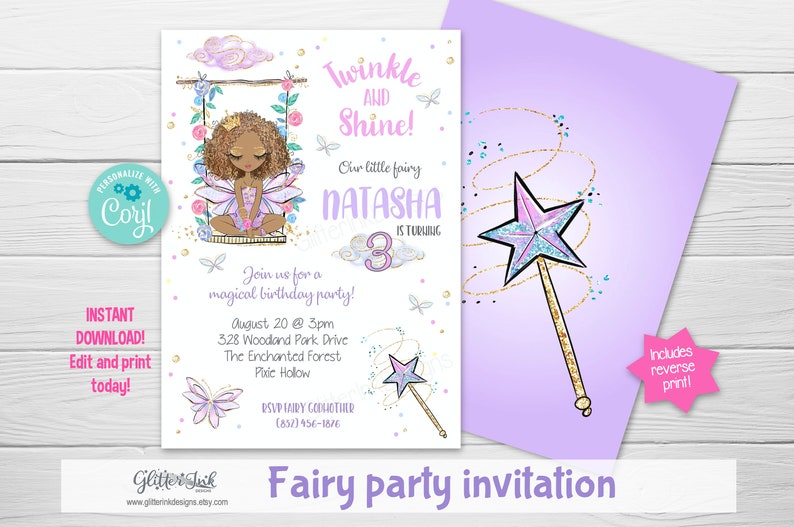 May include: A purple and gold fairy party invitation with a cartoon fairy sitting on a swing. The invitation says "Twinkle and Shine! Our little fairy Natasha is turning 3".