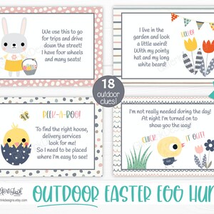 May include: Printable Easter egg hunt clue cards with colorful illustrations of a bunny, chick, and flowers. The cards have instructions for an outdoor Easter egg hunt with 18 clues.