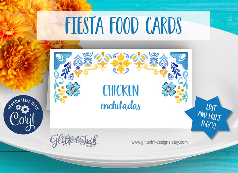 Mexican fiesta food tent cards / Cinco de mayo decorations / Mexican theme party fiesta bridal shower / Mexican tile printable name cards image 2