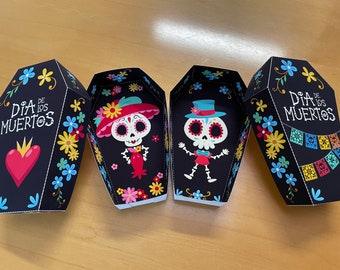 Day of the Dead coffin treat box printable Mexican decor / Dia de los Muertos sugar skull party favor / Halloween skeleton catrina calavera