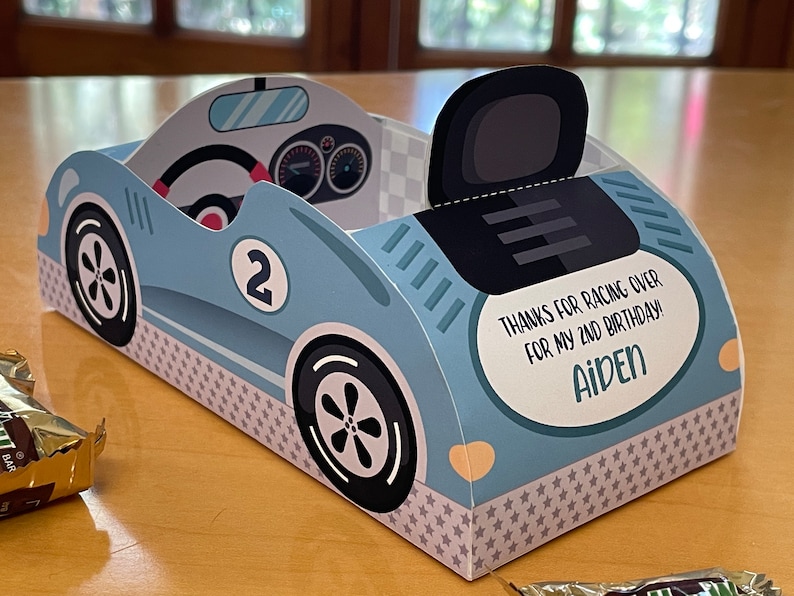 Race car birthday printable favor box / Papercraft racing car candy treat box / Two fast race car party favors Racing party car centerpiece image 6