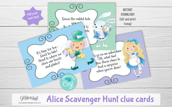 Alice in Wonderland Mad Hatter Tea Party scavenger hunt clue cards / vintage watercolor indoor outdoor kids treasure hunt birthday activity Il_570xn