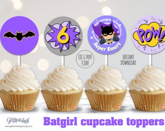 Purple super girl printable cupcake toppers / Super hero party printable toppers / Superheroes party favors birthday decor