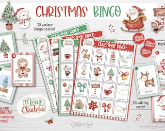 Christmas bingo printable party game for kids, classrooms and office parties, Holiday season memory cards activity, 30 unique boards