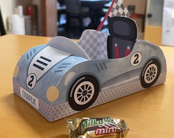 Caja de favores imprimible de cumpleaños de coche de carreras / Caja de dulces de coche de carreras Papercraft / Dos favores de fiesta rápidos / Centro de mesa de juguete de papel de fiesta de carreras