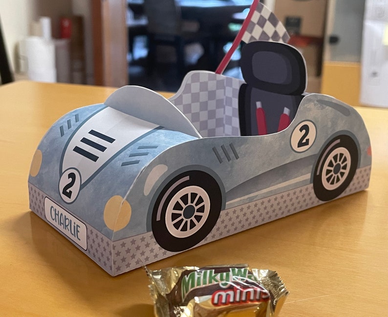 Race car birthday printable favor box / Papercraft racing car candy treat box / Two fast party favors / Racing party paper toy centerpiece image 1