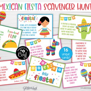 Pistas de búsqueda del tesoro para cumpleaños mexicanos para niños, imprimibles para fiestas, juegos de fiesta familiar para el martes de tacos, tarjetas con pistas de búsqueda del tesoro