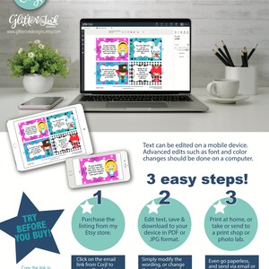 May include: A digital download of printable Alice in Wonderland themed cards. The cards feature illustrations of Alice, the Mad Hatter, and the Queen of Hearts. The text on the cards can be edited using the Corjl online tool. The image shows a laptop screen displaying the cards, along with instructions on how to purchase, edit, and print the cards.
