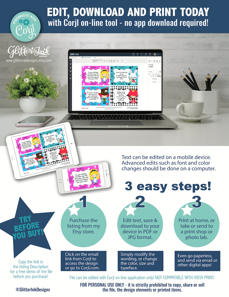 May include: A digital download of printable Alice in Wonderland themed cards. The cards feature illustrations of Alice, the Mad Hatter, and the Queen of Hearts. The text on the cards can be edited using the Corjl online tool. The image shows a laptop screen displaying the cards, along with instructions on how to purchase, edit, and print the cards.