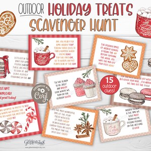 Outdoor Christmas scavenger hunt for older kids, Gingerbread holiday treats Christmas treasure hunt clues, Family Christmas games printable