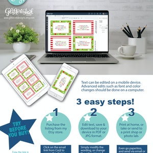 May include: A computer screen displaying a digital design template for printable elf-themed gift tags. The tags feature red and white stripes, green and white polka dots, and white text on a red background. The text on the tags reads "Come along, let's have some fun!" "I'm just like Santa, delivering the fun!" "I've found the door, look up, look all around! Where you'll find, your favorite treat!" and "Ready, set, go! It's the best diversion, and if you can, share it's reflection!" The image also includes a text box that reads "Edit, Download and Print Today with Corjl on-line tool - no app download required!" and a text box that reads "3 easy steps!" with instructions for purchasing, editing, and printing the design.