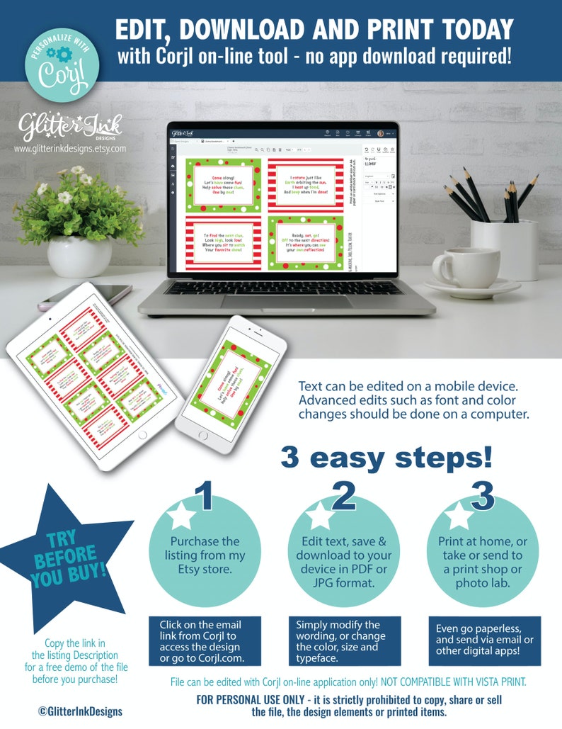 May include: A computer screen displaying a digital design template for printable elf-themed gift tags. The tags feature red and white stripes, green and white polka dots, and white text on a red background. The text on the tags reads "Come along, let's have some fun!" "I'm just like Santa, delivering the fun!" "I've found the door, look up, look all around! Where you'll find, your favorite treat!" and "Ready, set, go! It's the best diversion, and if you can, share it's reflection!" The image also includes a text box that reads "Edit, Download and Print Today with Corjl on-line tool - no app download required!" and a text box that reads "3 easy steps!" with instructions for purchasing, editing, and printing the design.
