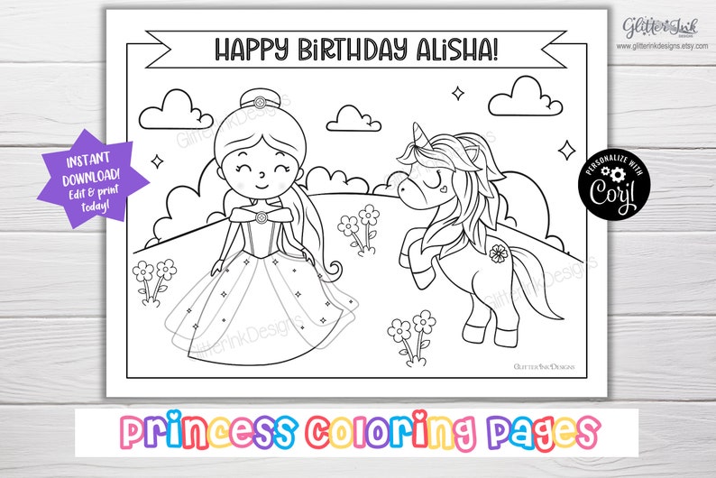 May include: A black and white coloring page featuring a princess with a crown and a unicorn. The text "HAPPY BIRTHDAY ALISHA!" is at the top of the page. The text "Princess Coloring Pages" is at the bottom of the page.