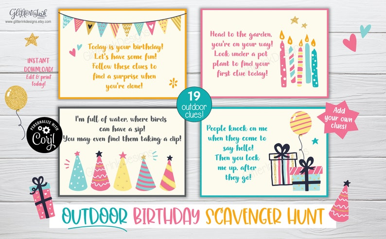 Outdoor Birthday scavenger hunt / Kids treasure hunt clues / Birthday party printable scavenger hunt clue cards for outside party games image 3