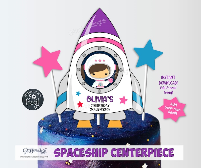 Outer space party cake topper centerpiece / Outer space birthday spaceship printable party decor / Astronaut girl space decorations image 1