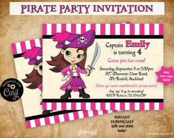 Invitación imprimible fiesta pirata niña / Invitación de cumpleaños pirata rosa / Invitación editable cabello castaño oscuro ojos azules Descarga digital Corjl