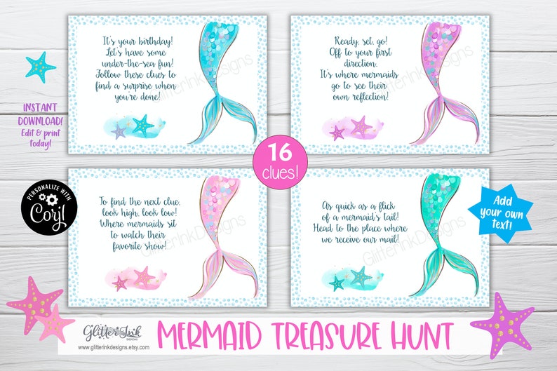Op de afbeelding: Een set van 4 printbare schatkaartjes met zeemeerminnen, met een blauwe, roze en groene zeemeerminstaart-illustratie op elk kaartje. De kaartjes hebben een witte achtergrond met blauwe stippen en de tekst "16 aanwijzingen!" in een roze cirkel. De tekst op de kaartjes luidt: "Het is je verjaardag! Laten we wat plezier onder water hebben! Volg deze aanwijzingen om een verrassing te vinden als je klaar bent!"  "Klaar, start, ga! Naar je eerste richting. Het is de plek waar zeemeerminnen naartoe gaan om hun eigen spiegelbeeld te zien!"  "Om de volgende aanwijzing te vinden, kijk hoog, kijk laag! Waar zeemeerminnen zitten om naar hun favoriete show te kijken!"  "Zo snel als een klap met een zeemeerminstaart! Ga naar de plek waar we onze post ontvangen!"