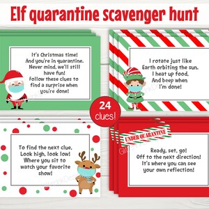 Tarjetas con pistas para la búsqueda del tesoro navideña de cuarentena de elfos, pistas para la búsqueda del tesoro de Papá Noel con distanciamiento social para juegos de fiesta familiares para niños