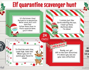 Elf quarantine Christmas scavenger hunt clue cards / Social distancing Santa treasure hunt clues for kids / Christmas quarantine games